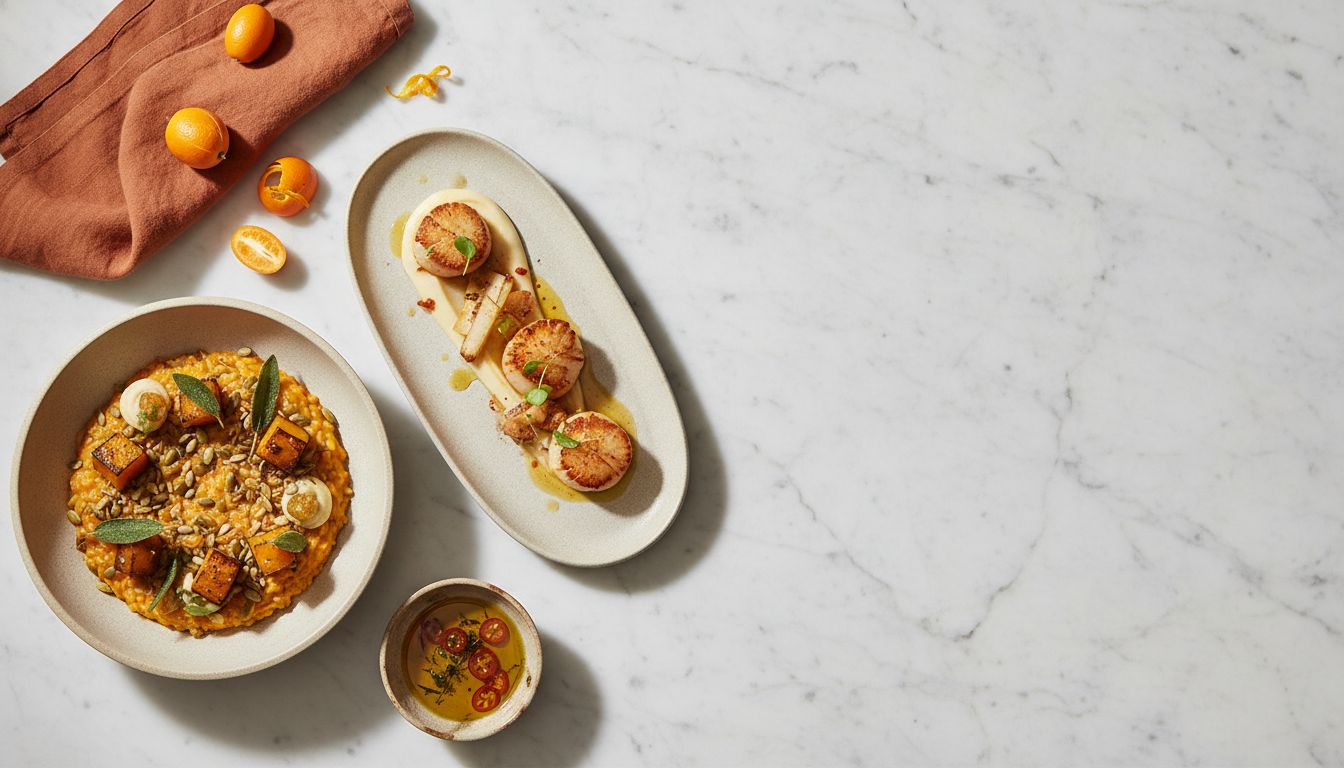 Editorial overhead view of premium plated dishes on marble surface