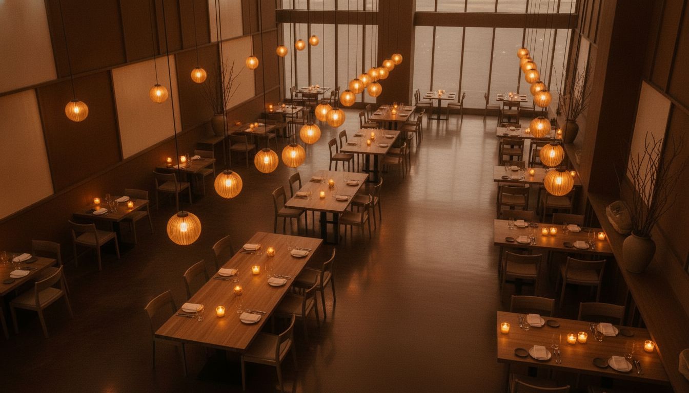 Premium editorial restaurant interior with warm ambient lighting