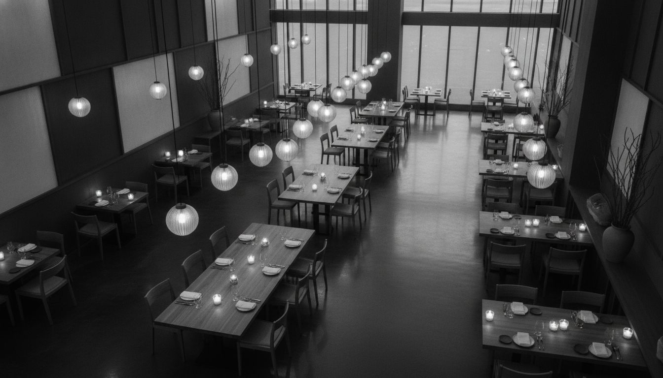 Upscale modern restaurant interior with warm ambient lighting